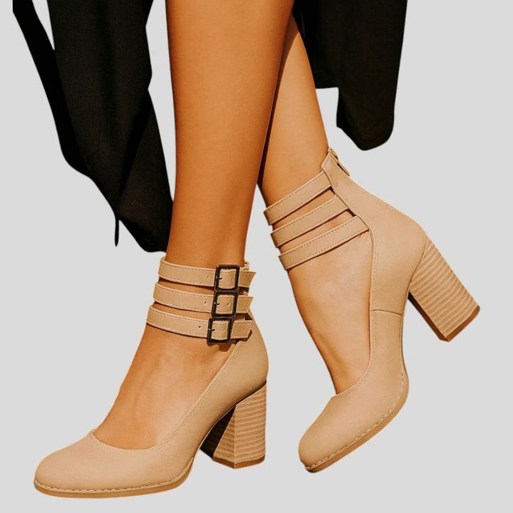 Women's Distressed Double-Buckle Ankle-Strap Block Heel Court Shoes - Cream