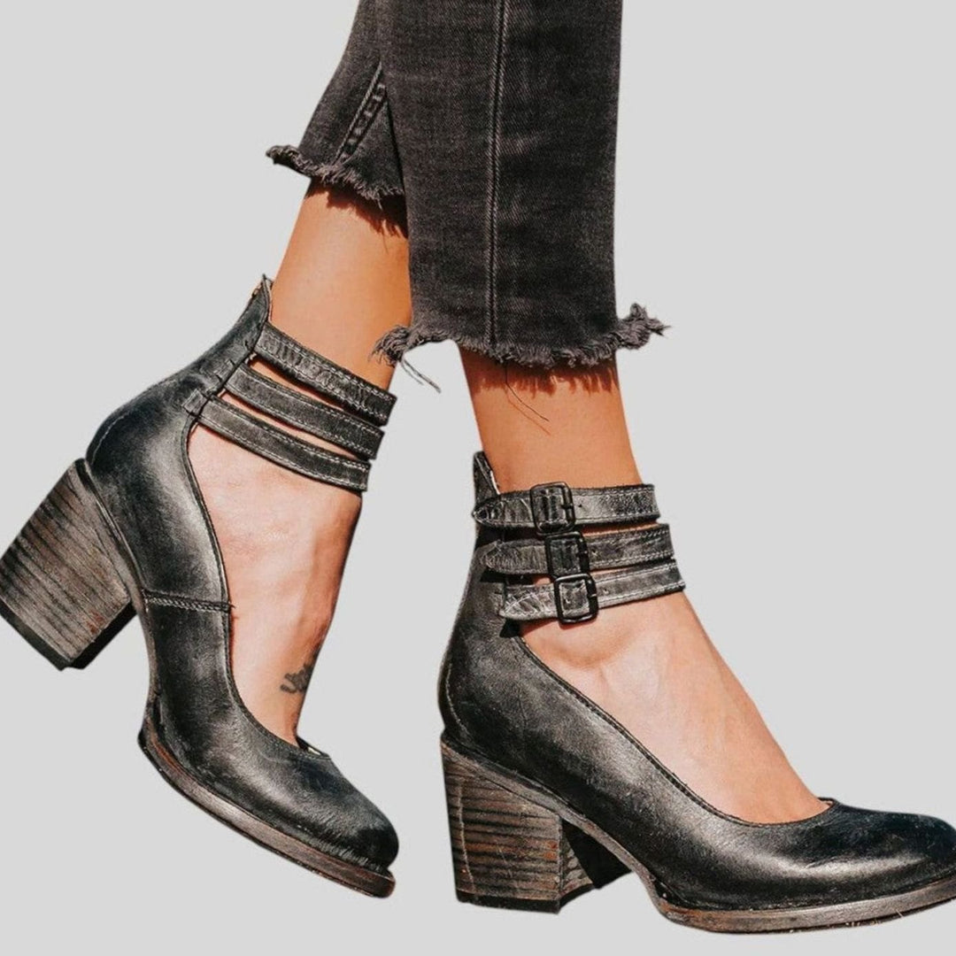Women's Distressed Double-Buckle Cut-Out Block-Heel Ankle Boots - Black