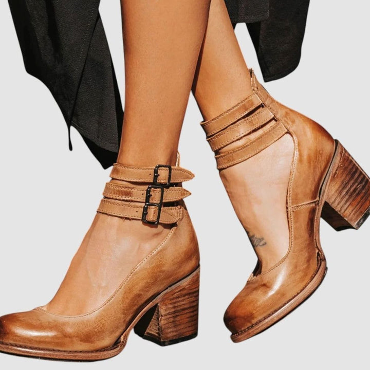Women's Distressed Double-Buckle Cut-Out Block-Heel Ankle Boots - Brown