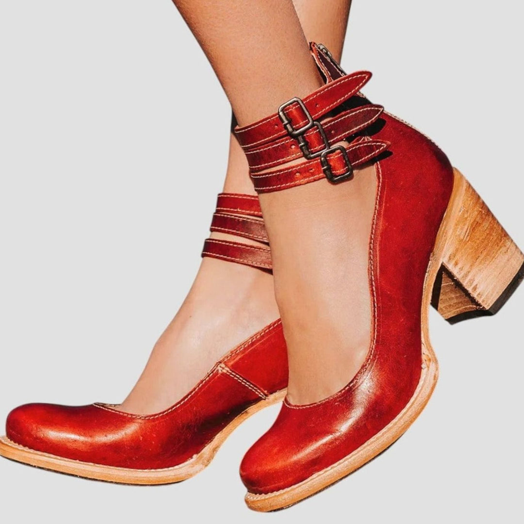 Women's Distressed Double-Buckle Cut-Out Block-Heel Ankle Boots - Red