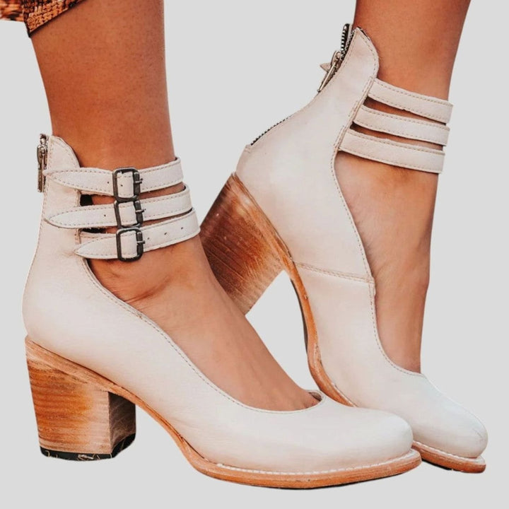 Women's Distressed Double-Buckle Cut-Out Block-Heel Ankle Boots - White