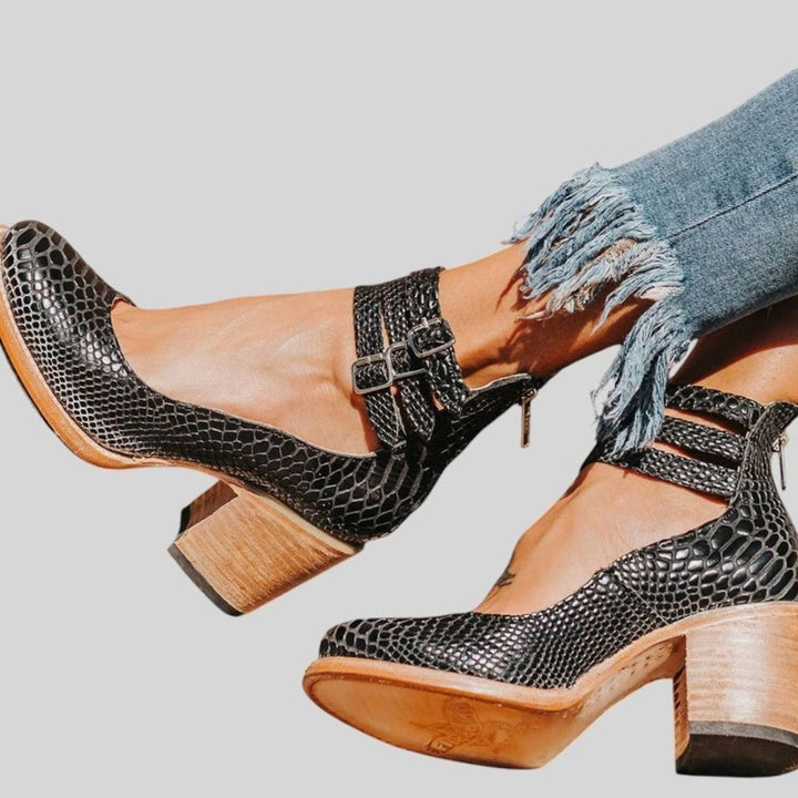 Women's Distressed Double-Buckle Cut-Out Block-Heel Ankle Boots - Black Snake Print