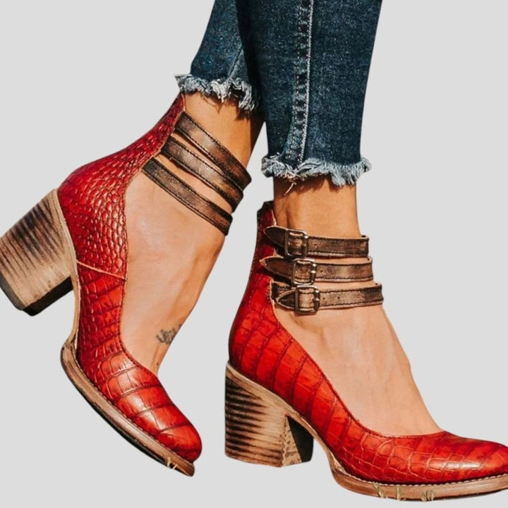 Women's Distressed Double-Buckle Cut-Out Block-Heel Ankle Boots - Red Snake Print