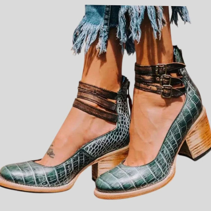 Women's Distressed Double-Buckle Cut-Out Block-Heel Ankle Boots - Green Snake Print