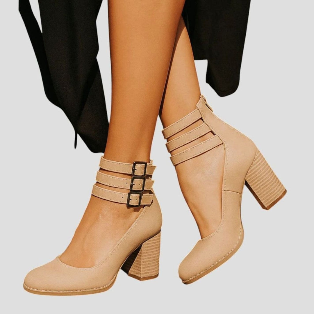 Women's Distressed Double-Buckle Cut-Out Block-Heel Ankle Boots - Cream