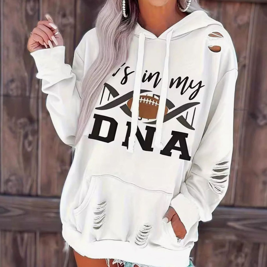 Women's Distressed Football Graphic Kangaroo Pocket Hoodie - Lettering