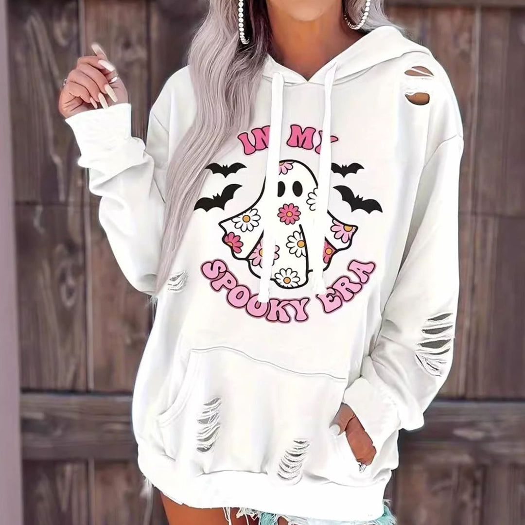 Women's Distressed Football Graphic Kangaroo Pocket Hoodie - Halloween