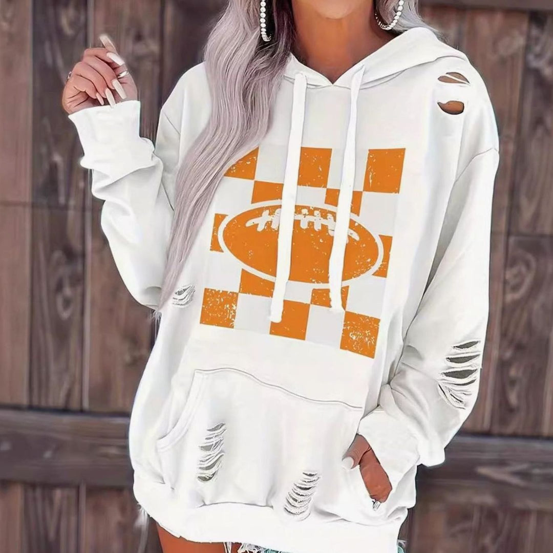 Women's Distressed Football Graphic Kangaroo Pocket Hoodie - White with Yellow