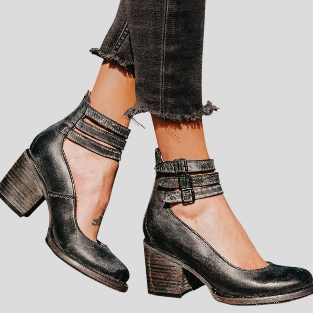 Women's Distressed Leather Triple-Buckle Block-Heel Ankle Boots - Black