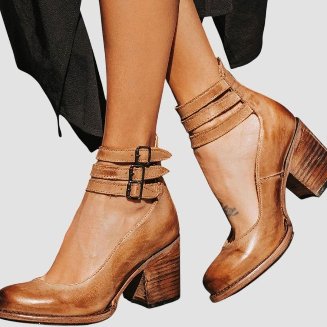 Women's Distressed Leather Triple-Buckle Block-Heel Ankle Boots - Brown