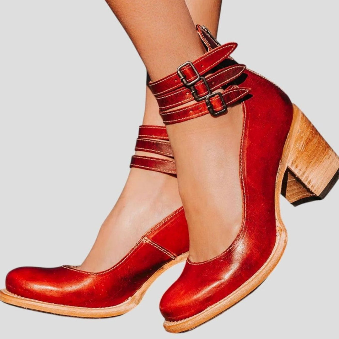 Women's Distressed Leather Triple-Buckle Block-Heel Ankle Boots - Red