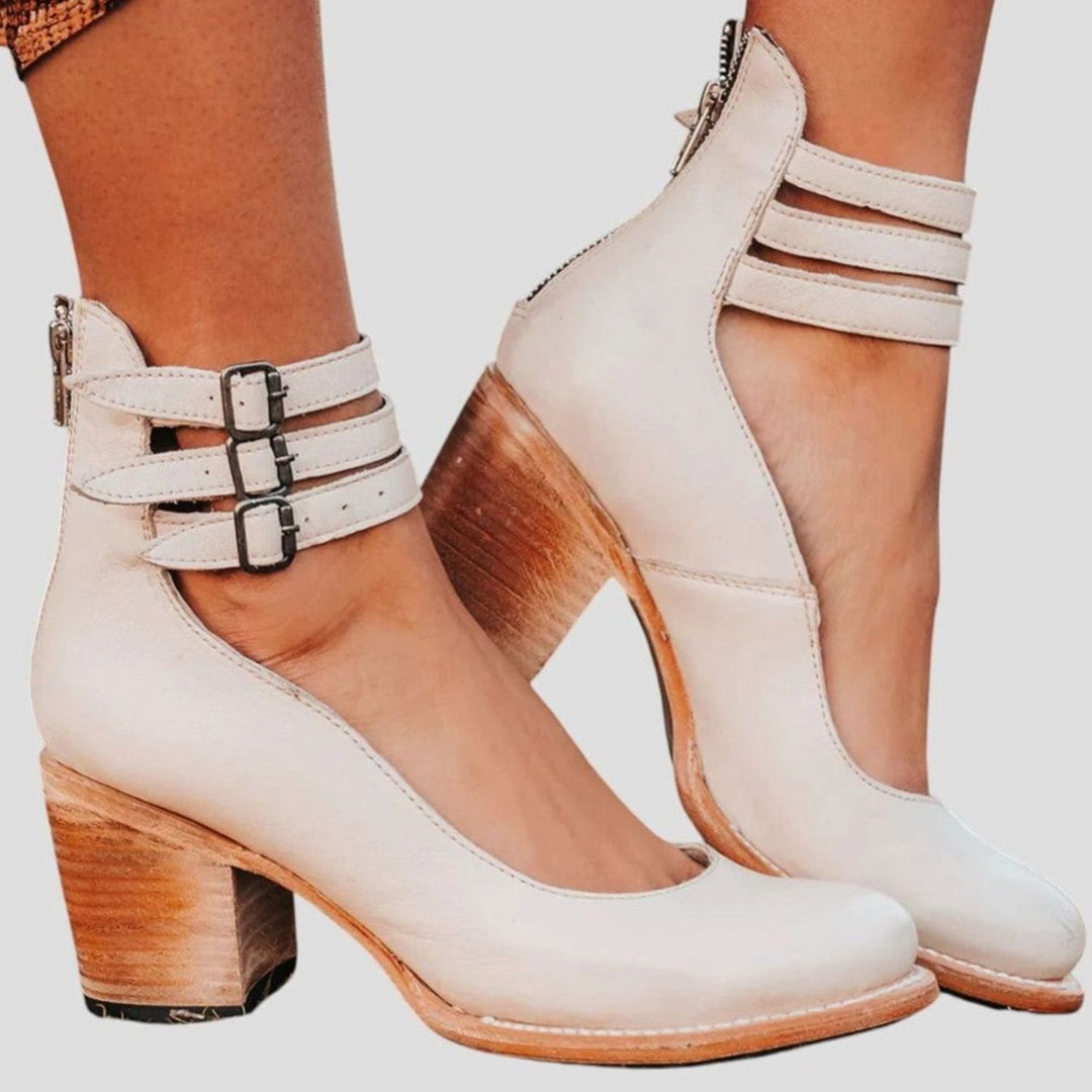 Women's Distressed Leather Triple-Buckle Block-Heel Ankle Boots - White