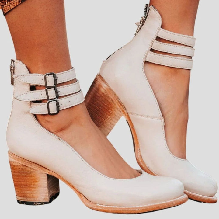 Women's Distressed Leather Triple-Buckle Block-Heel Ankle Boots - White
