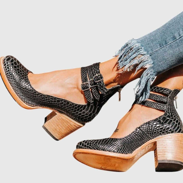 Women's Distressed Leather Triple-Buckle Block-Heel Ankle Boots - Black Snake Print