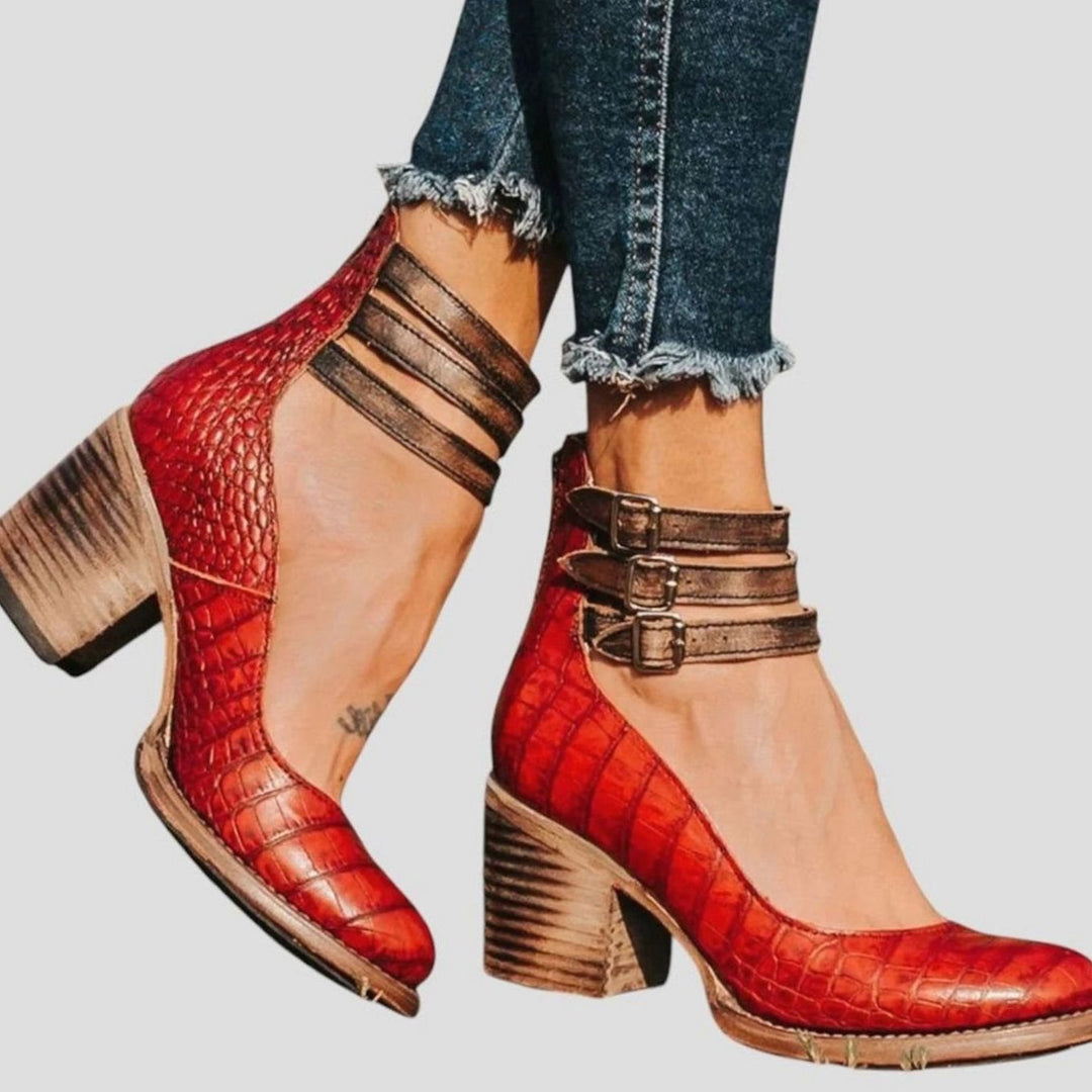 Women's Distressed Leather Triple-Buckle Block-Heel Ankle Boots