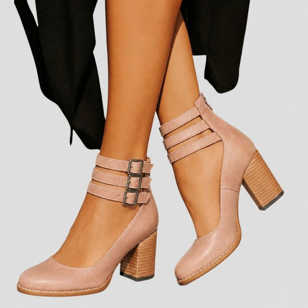 Women's Distressed Leather Triple-Buckle Block-Heel Ankle Boots
