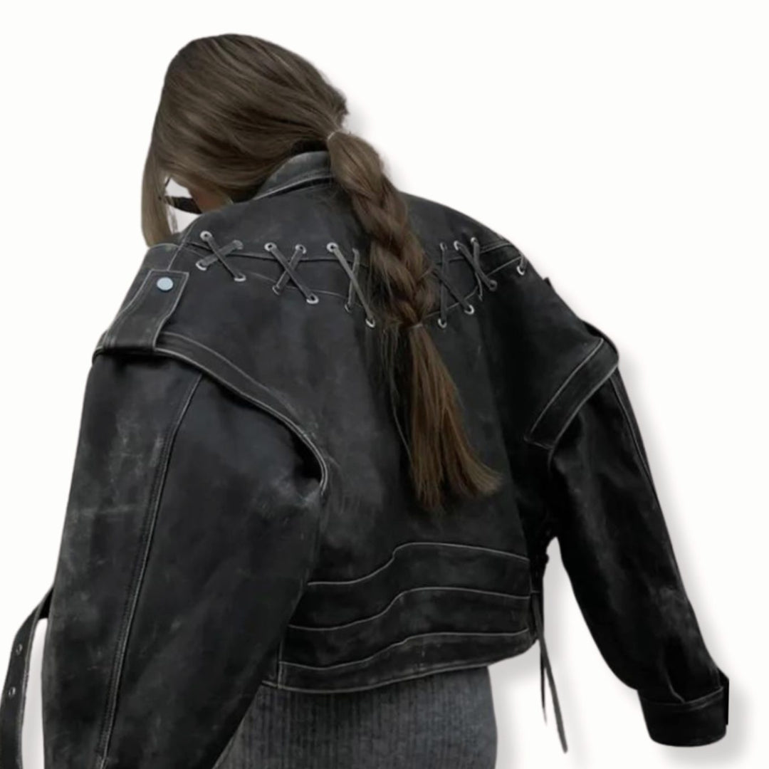 Women's Distressed PU Leather Lace-Back Biker Jacket