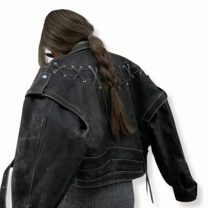 Women's Distressed PU Leather Lace-Back Biker Jacket