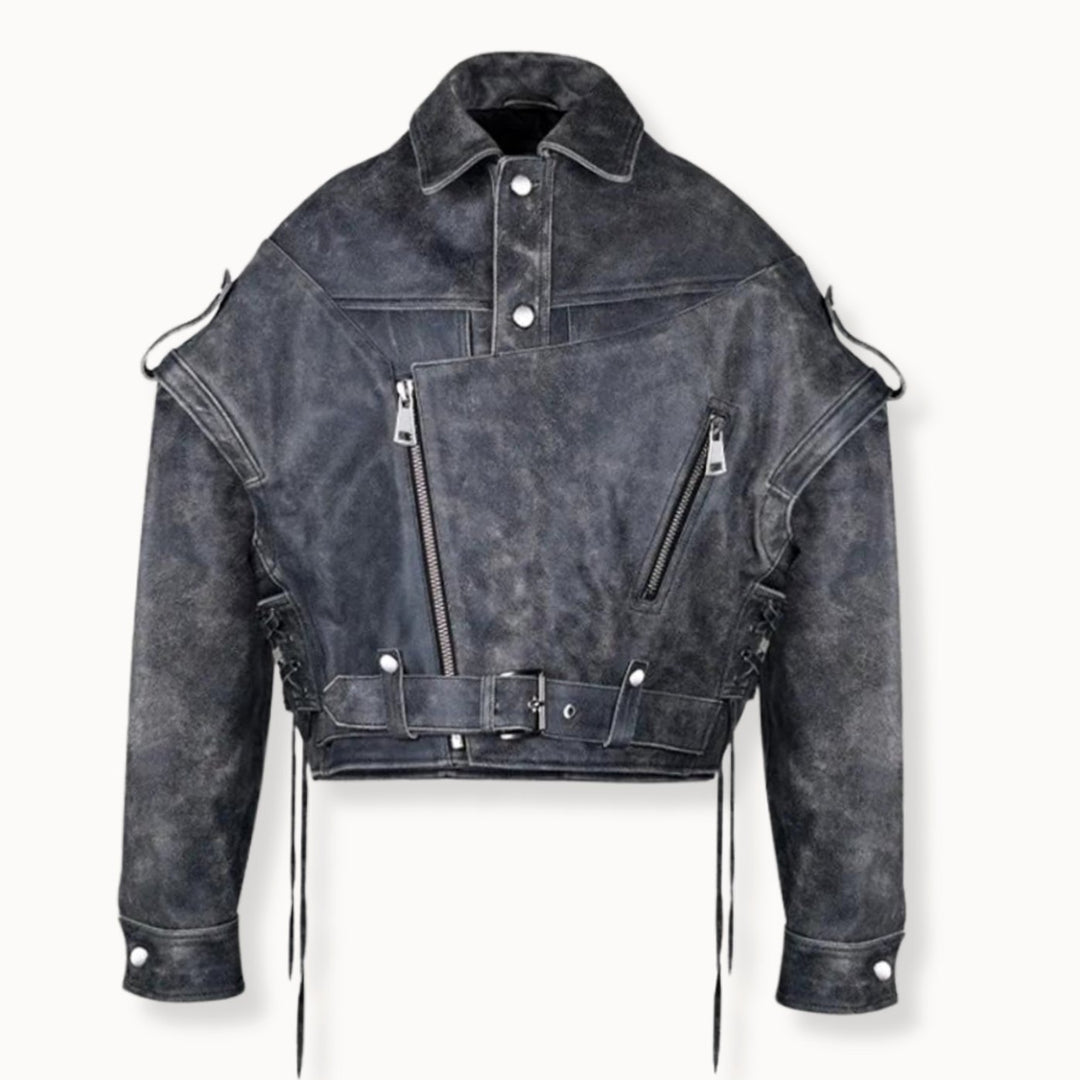 Women's Distressed PU Leather Lace-Back Biker Jacket