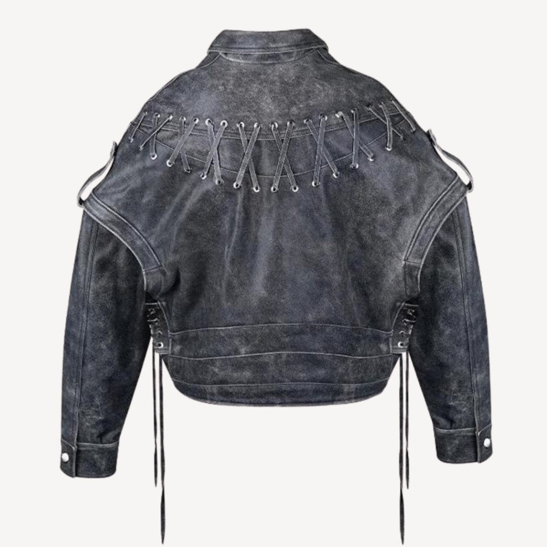 Women's Distressed PU Leather Lace-Back Biker Jacket