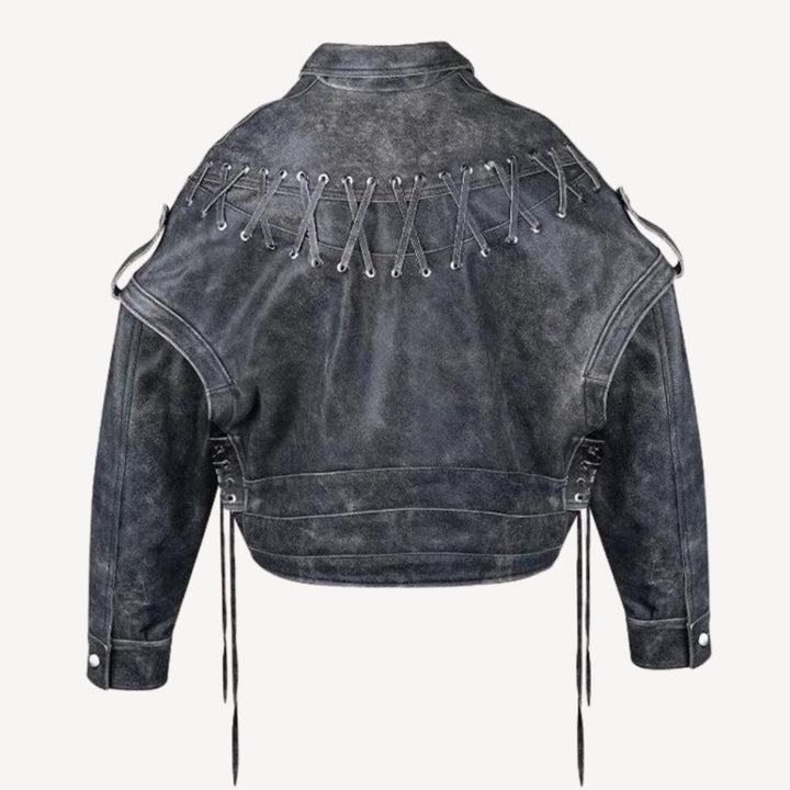 Women's Distressed PU Leather Lace-Back Biker Jacket
