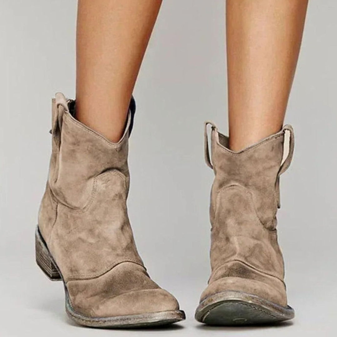 Women's Distressed Suede Pull-On Ankle Boots Block Heel