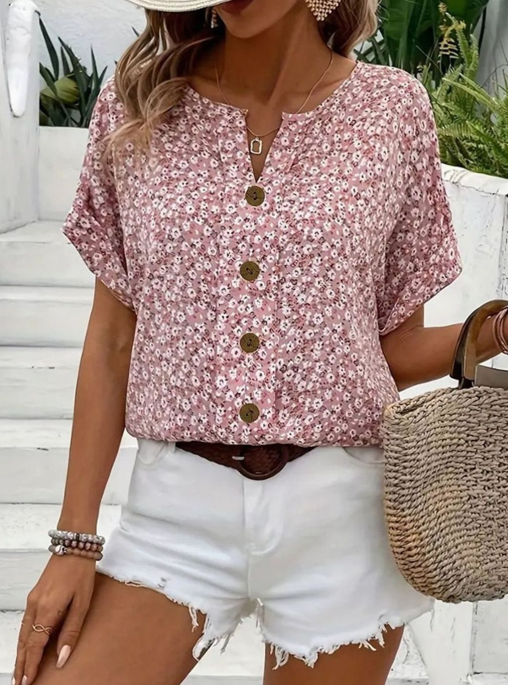 Women's Ditsy Floral Button-Front Short-Sleeve Relaxed Blouse