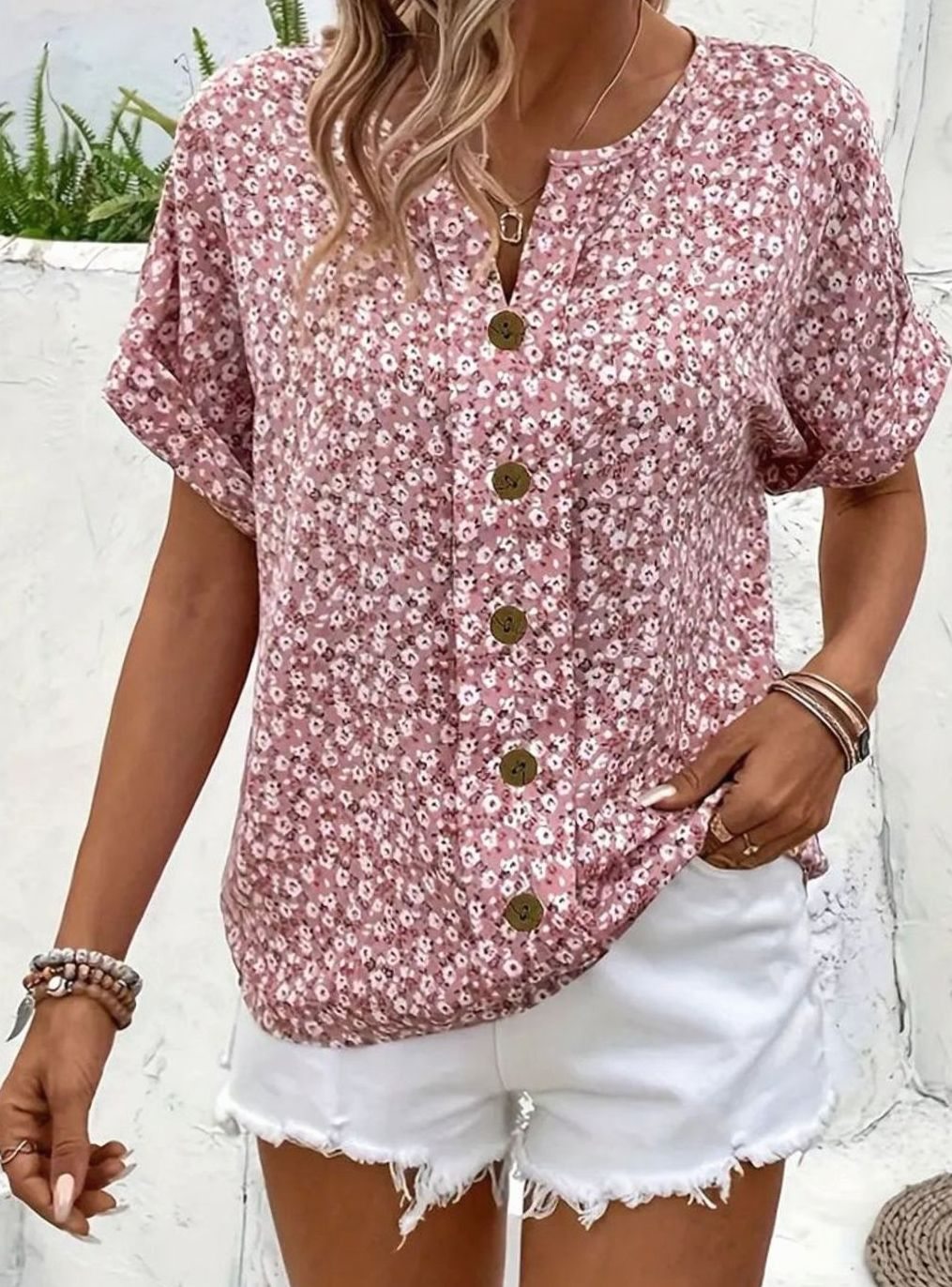 Women's Ditsy Floral Button-Front Short-Sleeve Relaxed Blouse