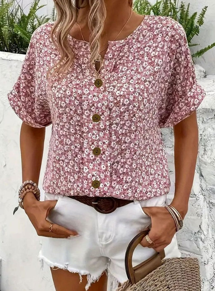 Women's Ditsy Floral Button-Front Short-Sleeve Relaxed Blouse