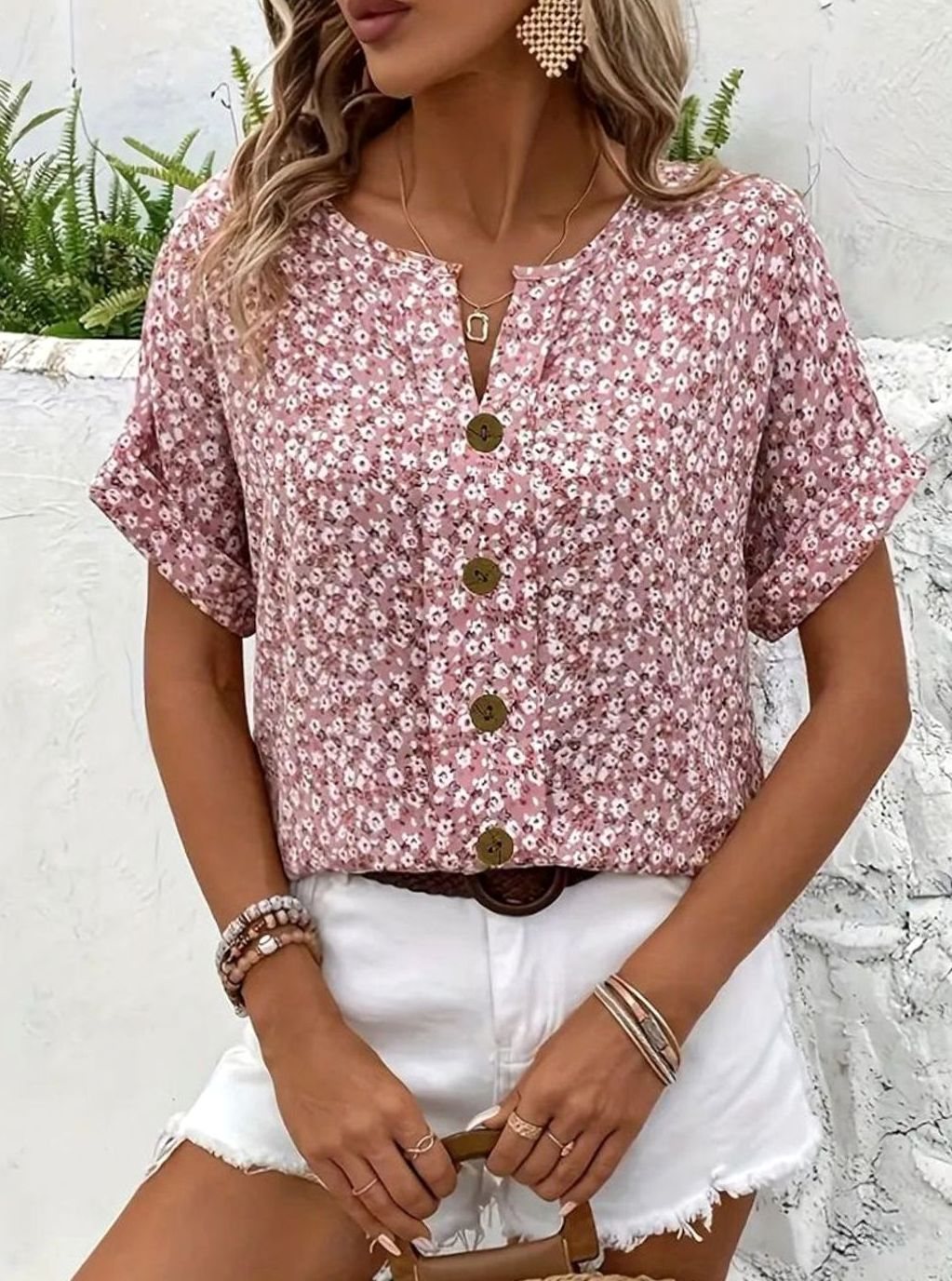Women's Ditsy Floral Button-Front Short-Sleeve Relaxed Blouse