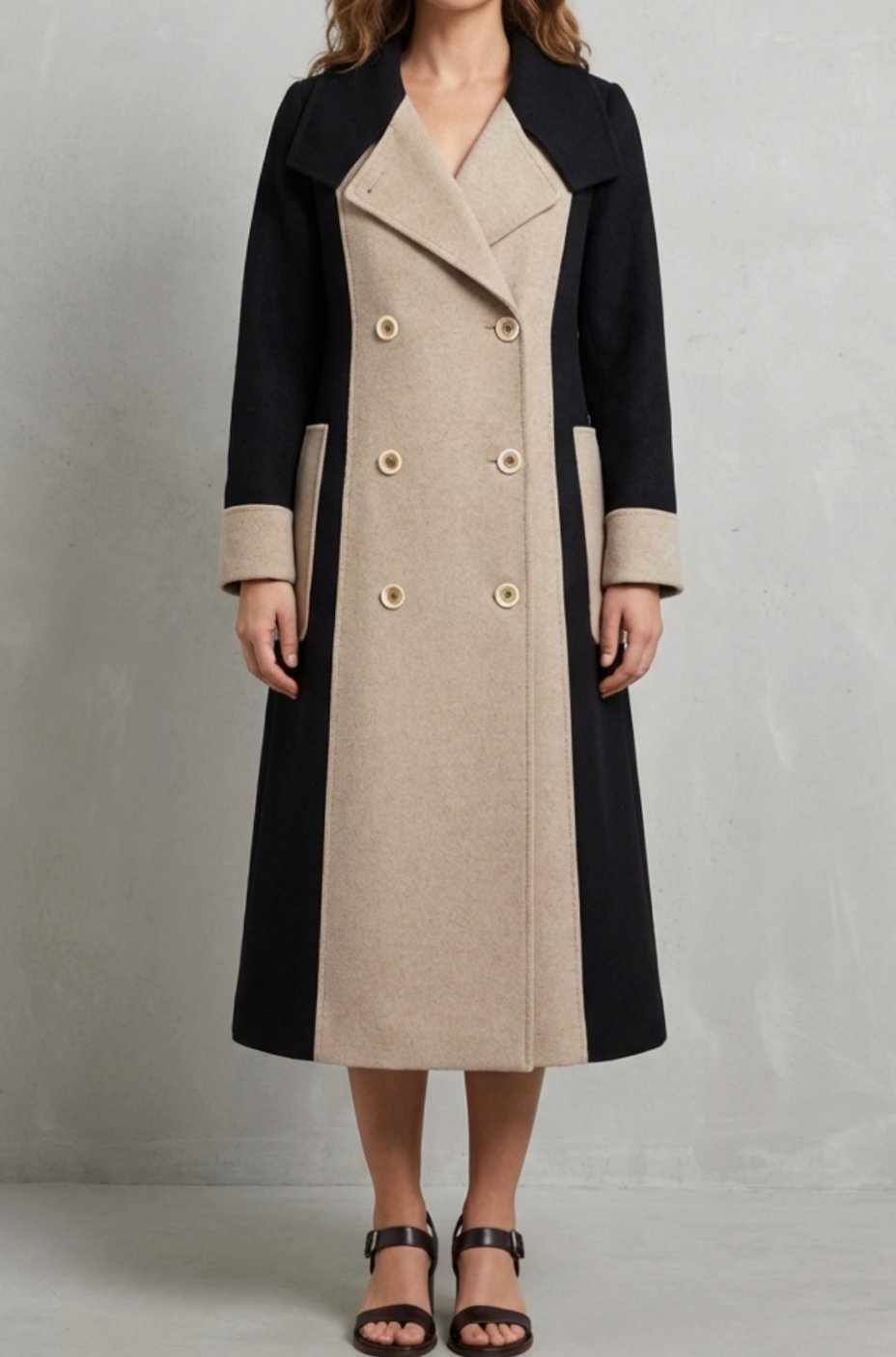 Women's Double-Breasted Contrast Colour Wool Long Coat - Black