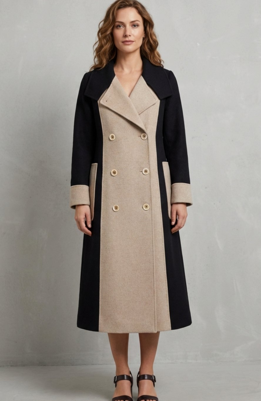 Women's Double-Breasted Contrast Colour Wool Long Coat