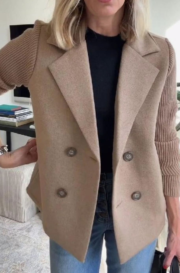 Women's Double-Breasted Knit Sleeve Camel Wool Blazer Coat