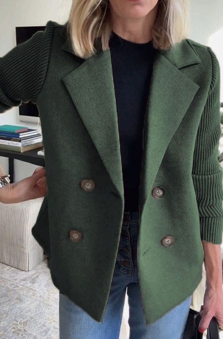 Women's Double-Breasted Knit Sleeve Camel Wool Blazer Coat - Green