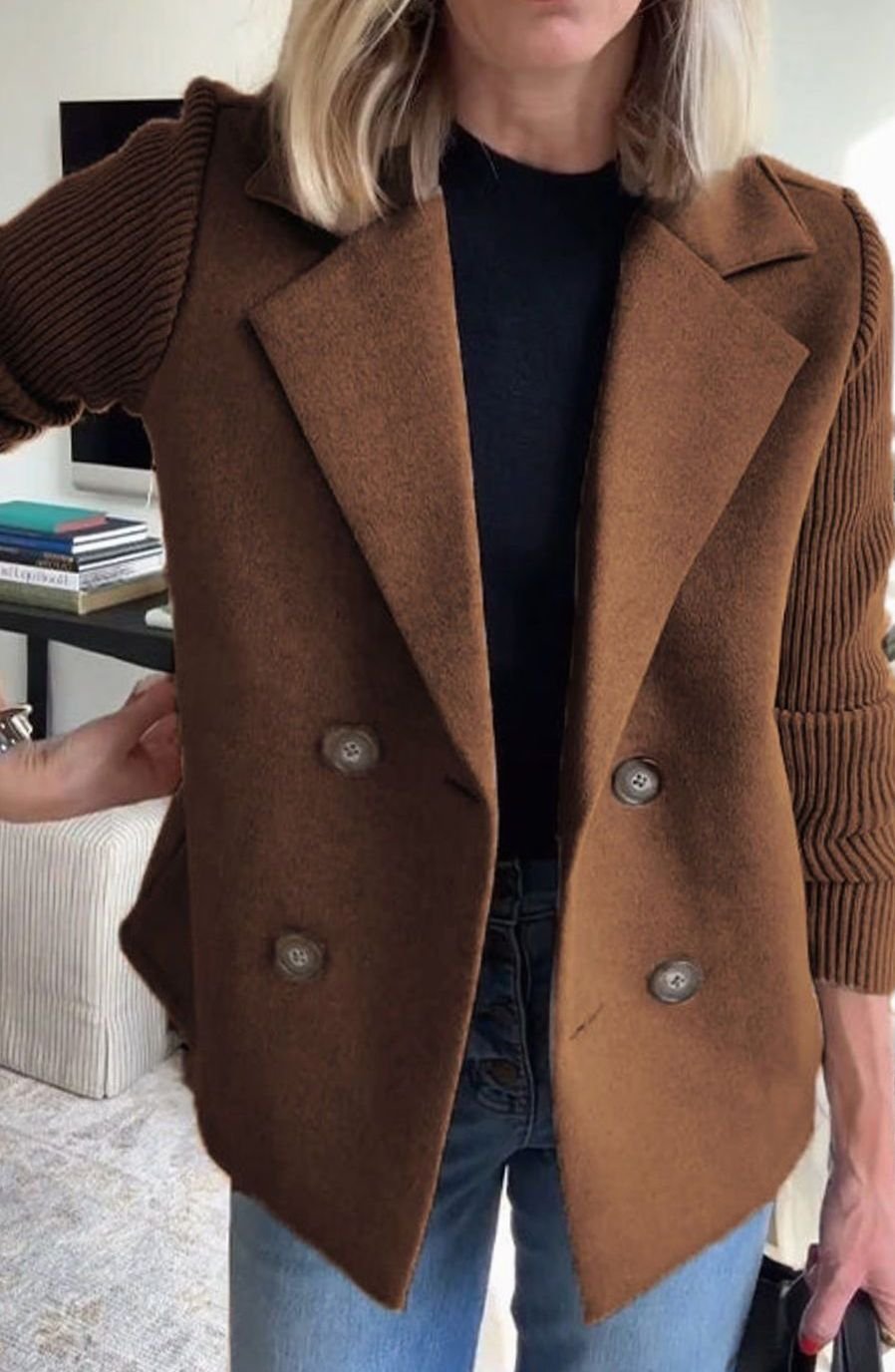 Women's Double-Breasted Knit Sleeve Camel Wool Blazer Coat - Brown