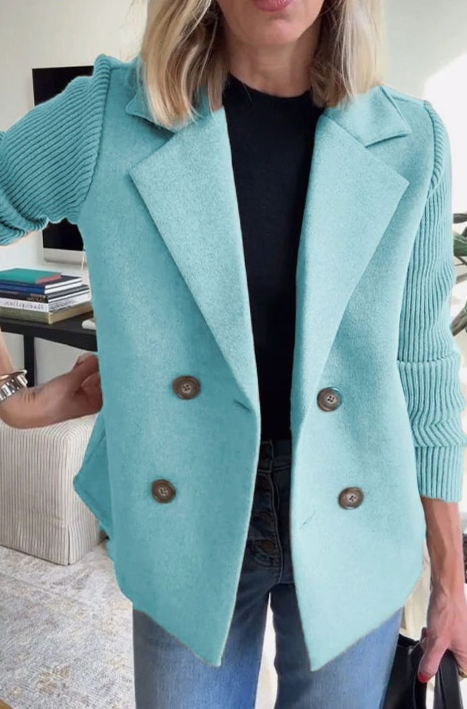 Women's Double-Breasted Knit Sleeve Camel Wool Blazer Coat - Blue