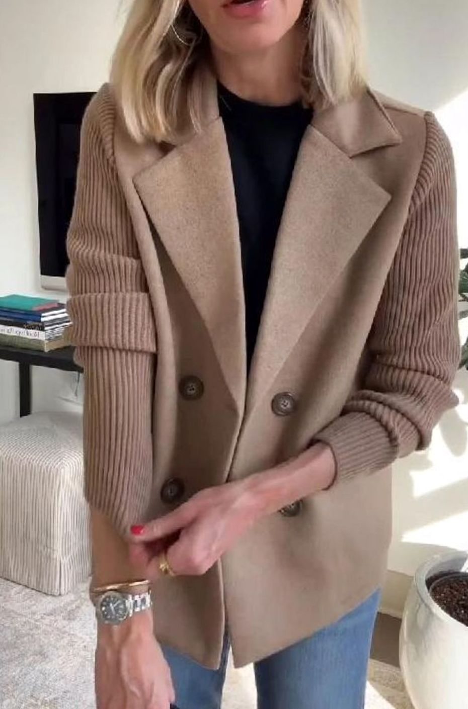 Women's Double-Breasted Knit Sleeve Camel Wool Blazer Coat