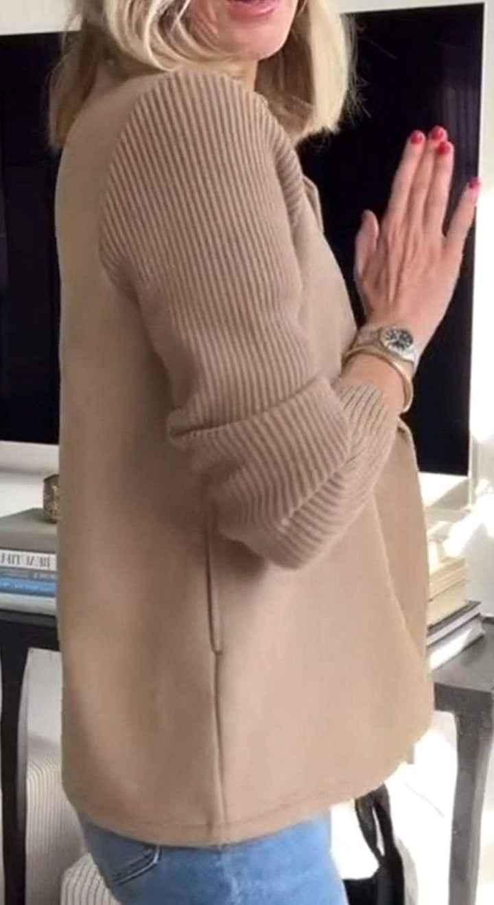 Women's Double-Breasted Knit Sleeve Camel Wool Blazer Coat