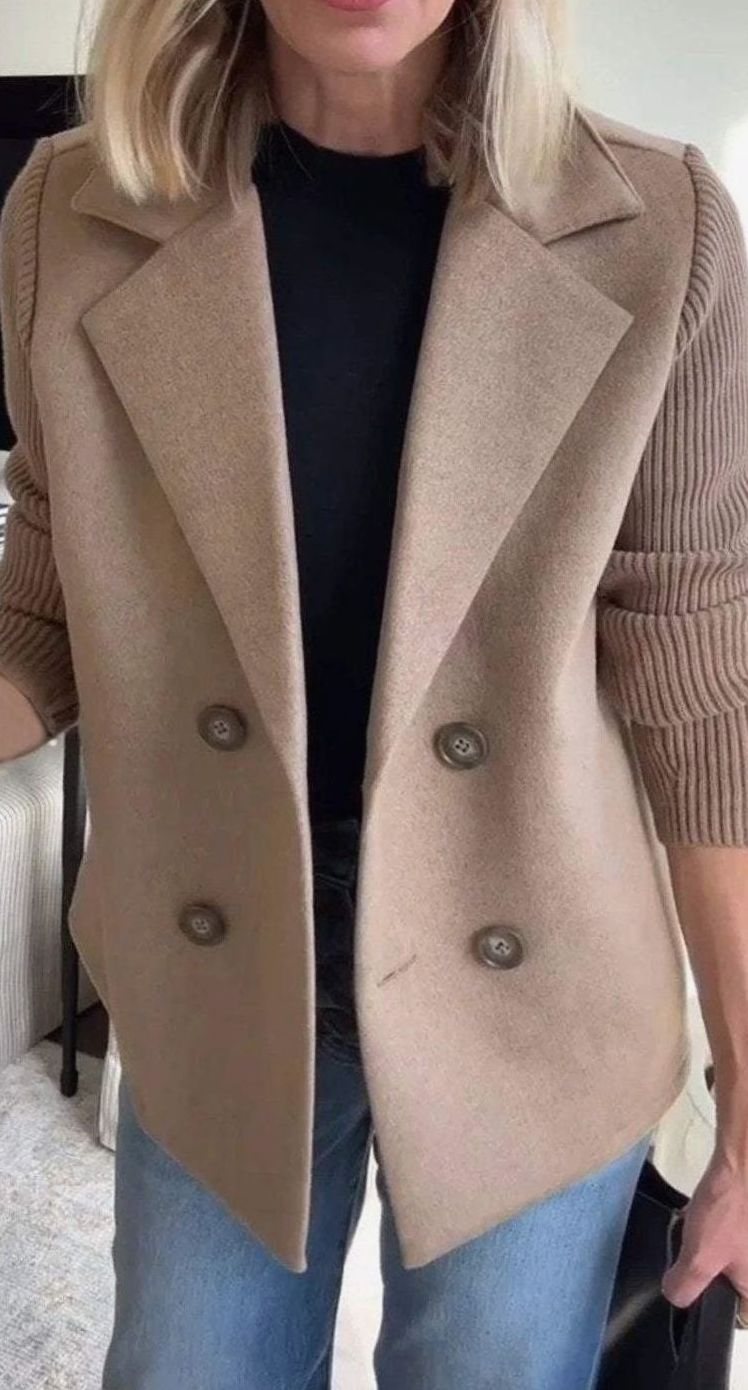 Women's Double-Breasted Knit Sleeve Camel Wool Blazer Coat