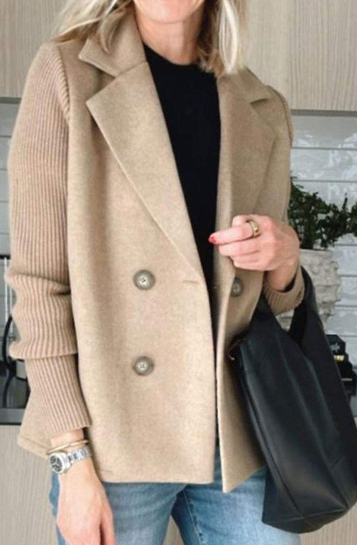 Women's Double-Breasted Knit Sleeve Camel Wool Blazer Coat - Khaki