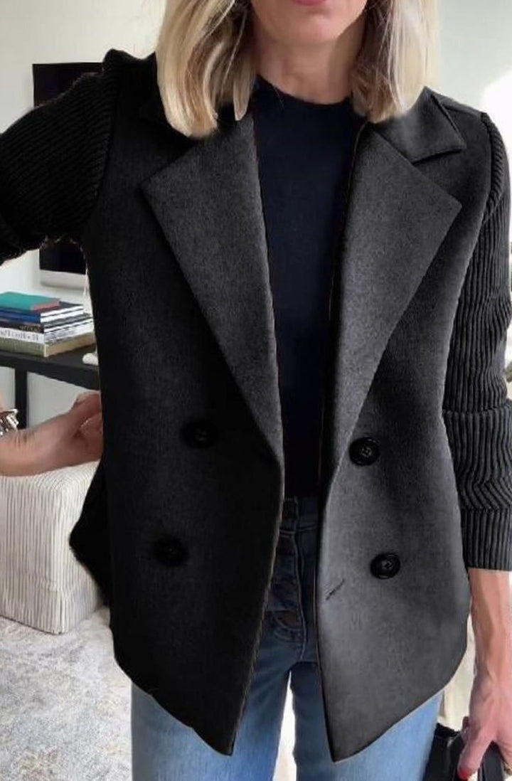 Women's Double-Breasted Knit Sleeve Camel Wool Blazer Coat - Black