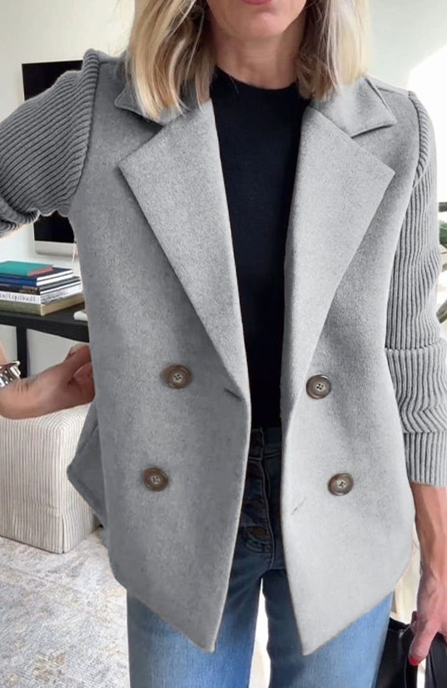 Women's Double-Breasted Knit Sleeve Camel Wool Blazer Coat - Grey
