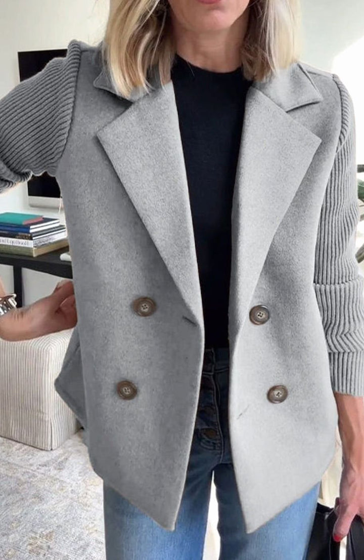 Women's Double-Breasted Knit Sleeve Camel Wool Blazer Coat - Grey