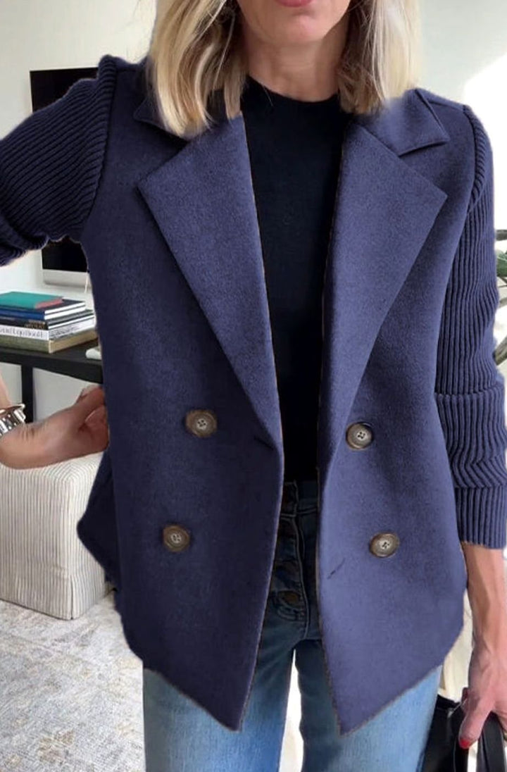 Women's Double-Breasted Knit Sleeve Camel Wool Blazer Coat - Navy Blue