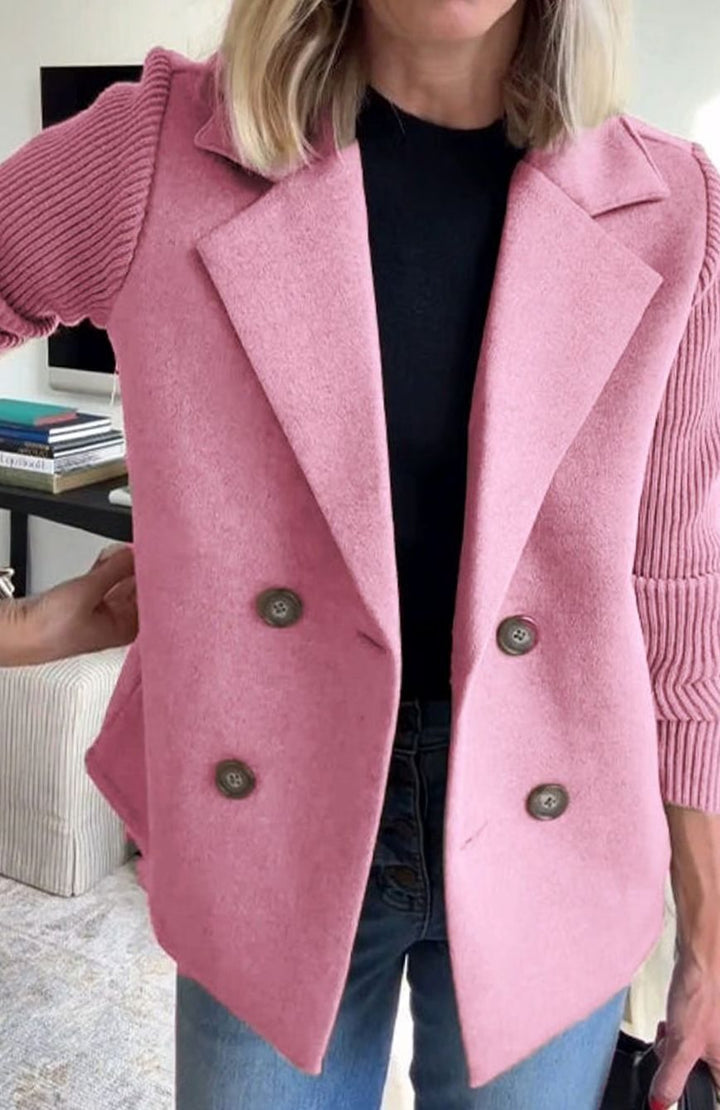 Women's Double-Breasted Knit Sleeve Camel Wool Blazer Coat - Pink