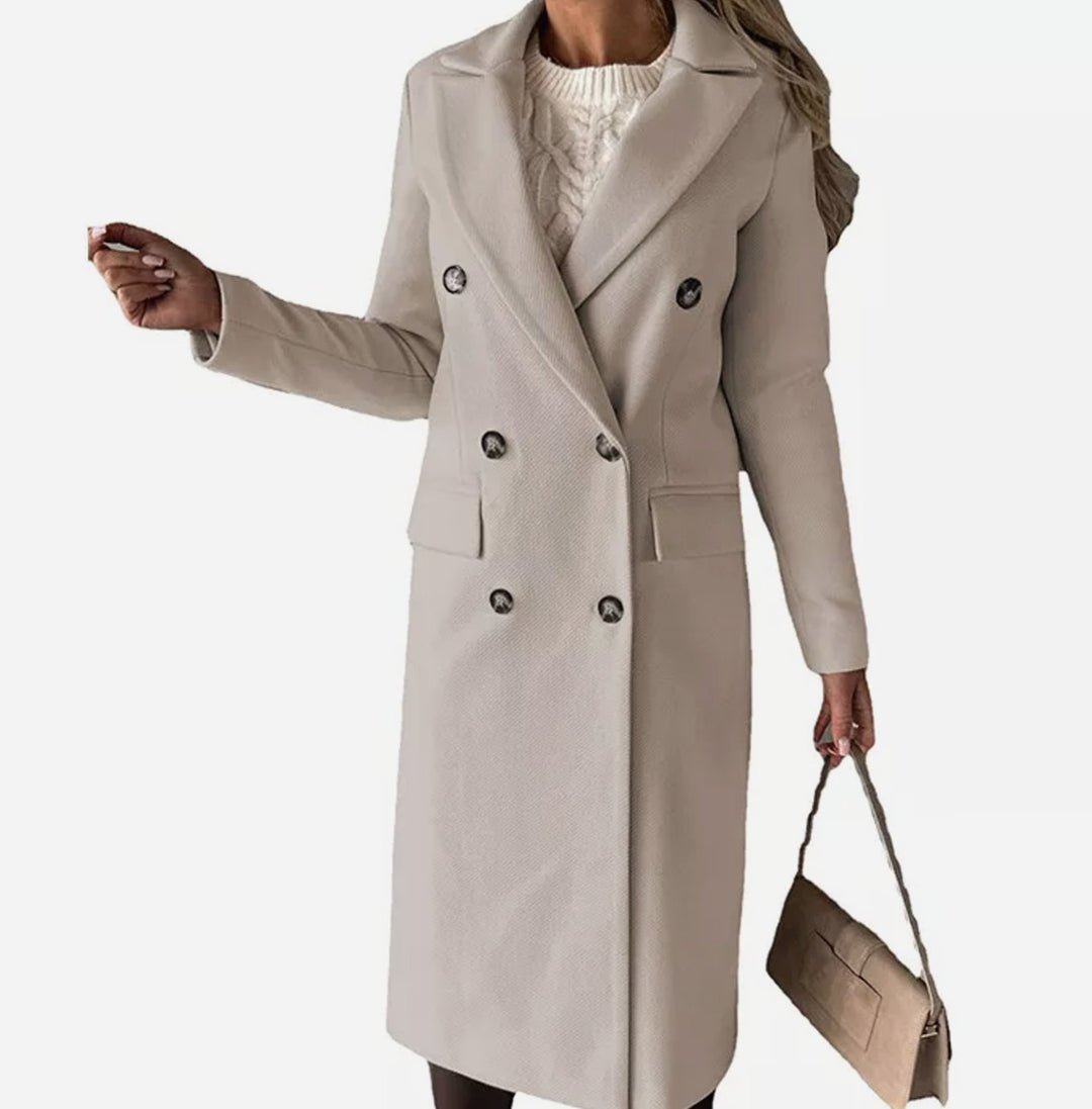 Women's Double-Breasted Long Winter Coat Wool-Look Overcoat - Apricot