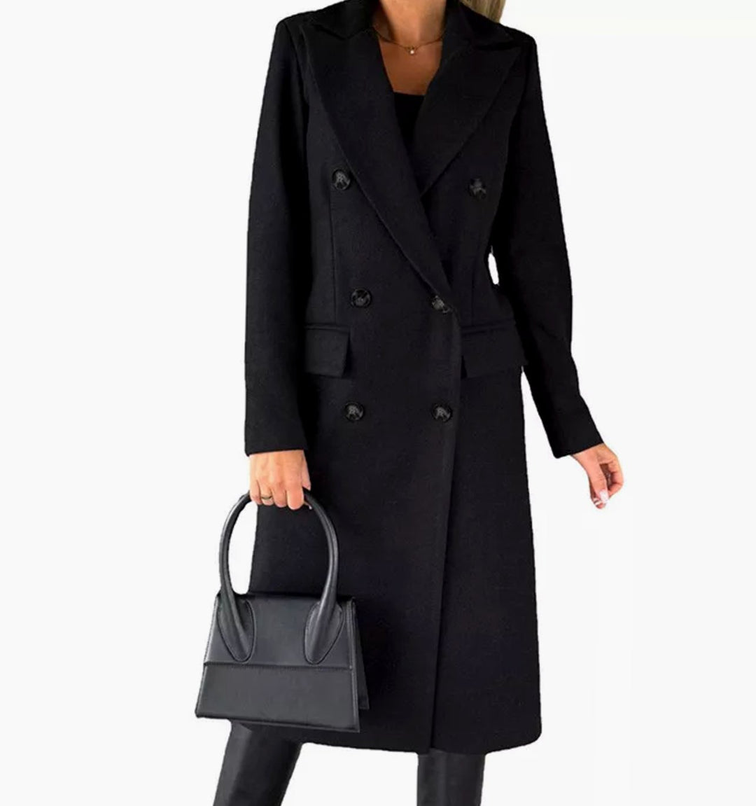 Women's Double-Breasted Long Winter Coat Wool-Look Overcoat - Black