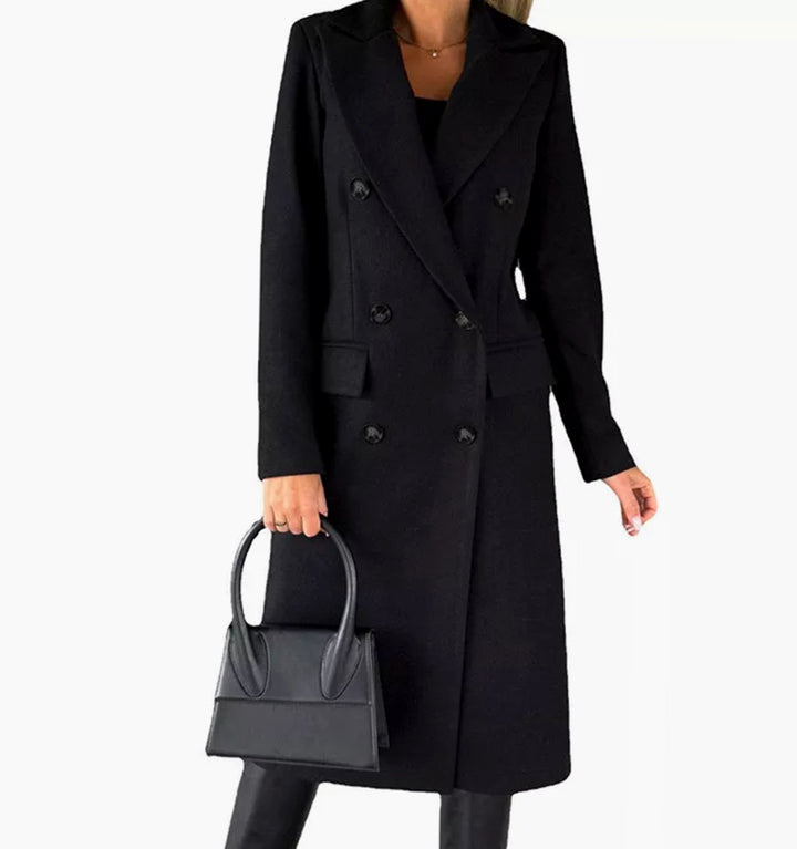 Women's Double-Breasted Long Winter Coat Wool-Look Overcoat - Black
