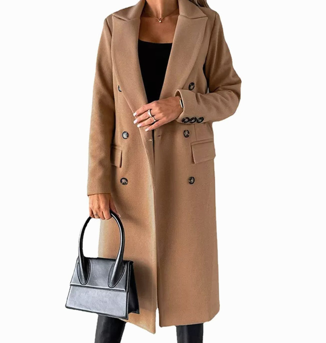 Women's Double-Breasted Long Winter Coat Wool-Look Overcoat - Coral