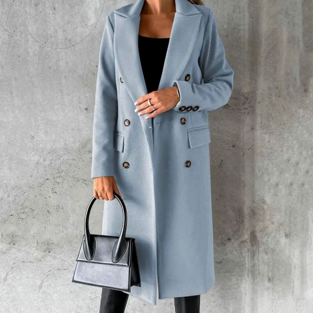 Women's Double-Breasted Wool Long Winter Coat Notched Lapel - Sky Blue